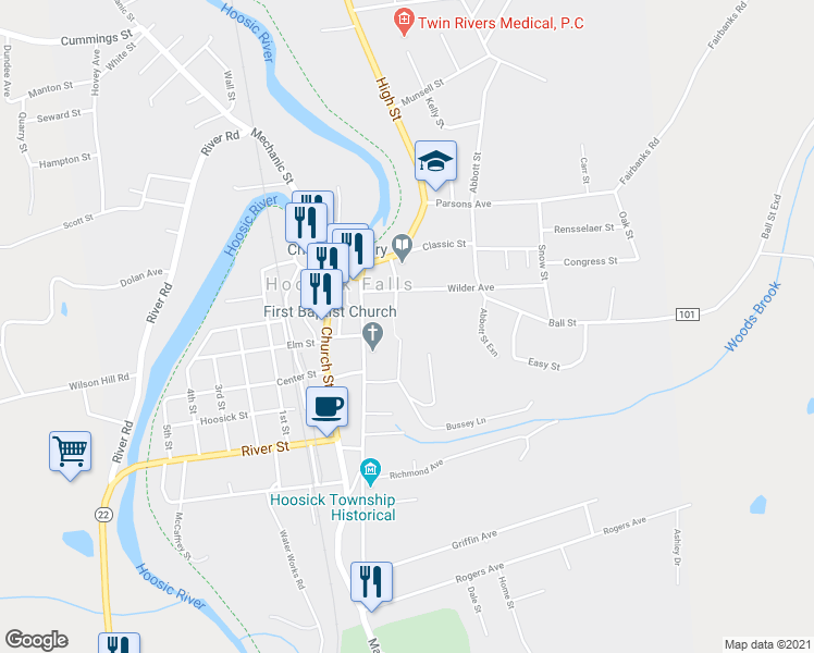 map of restaurants, bars, coffee shops, grocery stores, and more near 1 Wood Court in Hoosick Falls