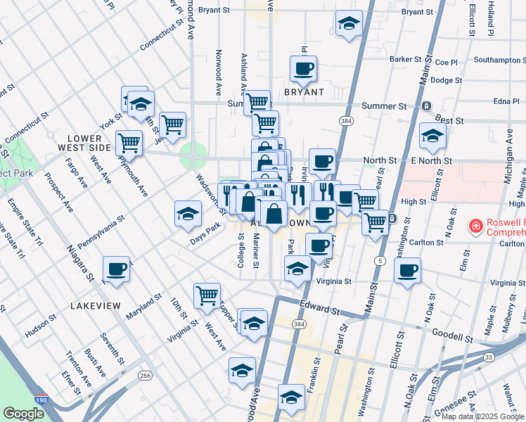 map of restaurants, bars, coffee shops, grocery stores, and more near 116 Elmwood Avenue in Buffalo