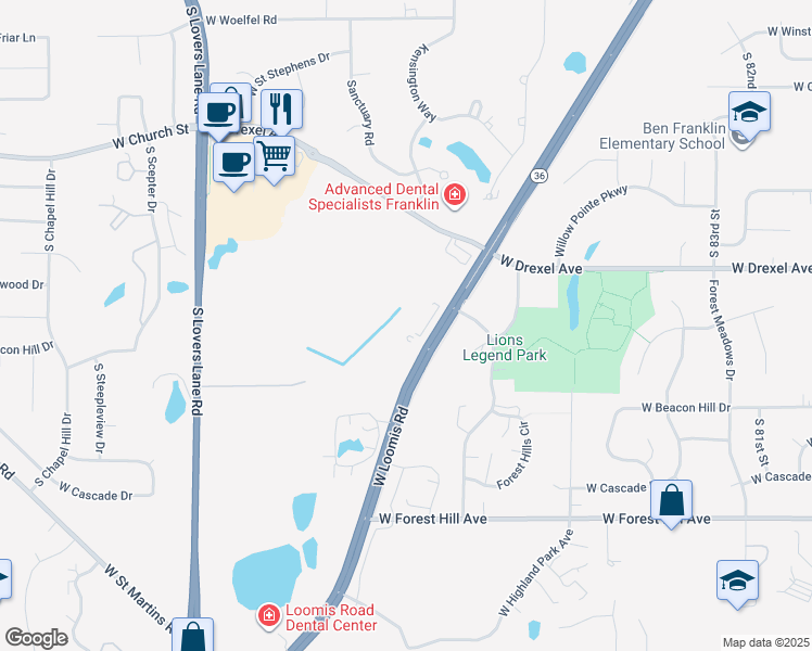 map of restaurants, bars, coffee shops, grocery stores, and more near 9200 West Loomis Road in Franklin
