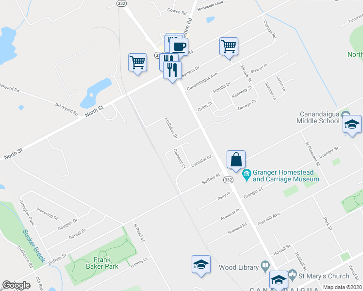 map of restaurants, bars, coffee shops, grocery stores, and more near 51 Camelot Court in Canandaigua