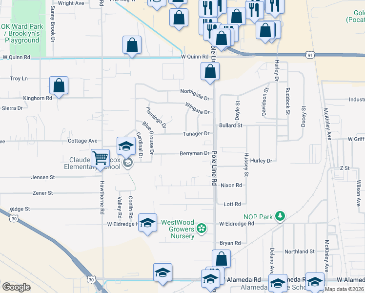 map of restaurants, bars, coffee shops, grocery stores, and more near 882 Berryman Road in Pocatello