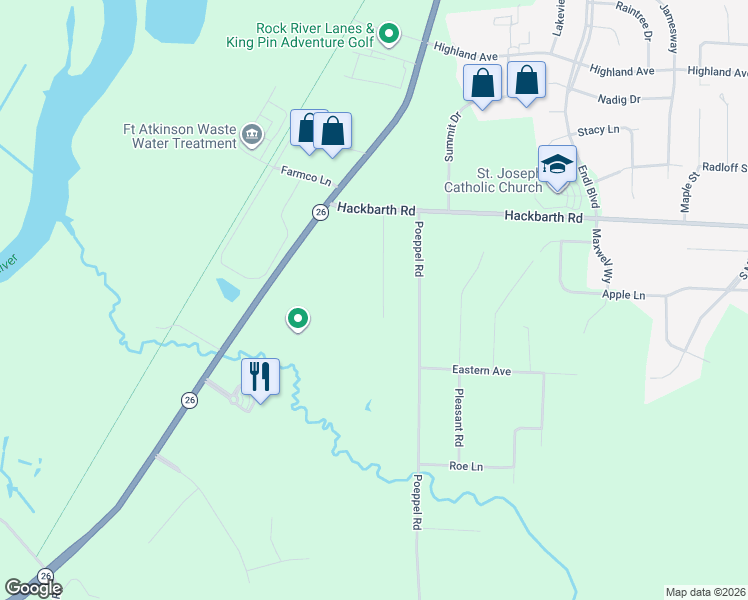 map of restaurants, bars, coffee shops, grocery stores, and more near N1625 Carlin Road in Fort Atkinson