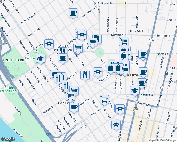 map of restaurants, bars, coffee shops, grocery stores, and more near 33 Plymouth Avenue in Buffalo