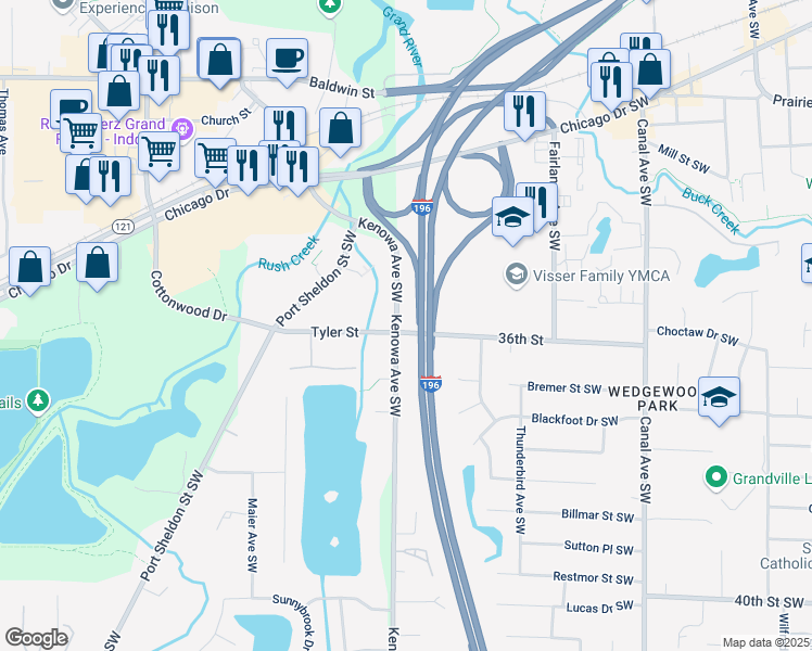 map of restaurants, bars, coffee shops, grocery stores, and more near 3590 Kenowa Avenue Southwest in Grandville