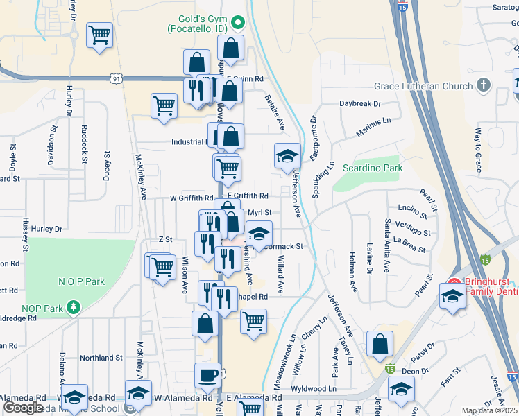 map of restaurants, bars, coffee shops, grocery stores, and more near 300 Myrl Street in Pocatello