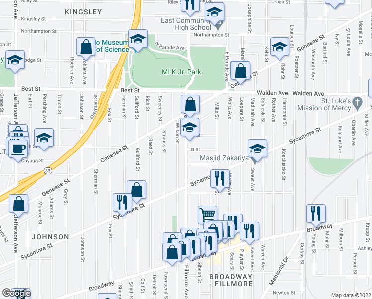 map of restaurants, bars, coffee shops, grocery stores, and more near N Fillmore Ave & B St in Buffalo