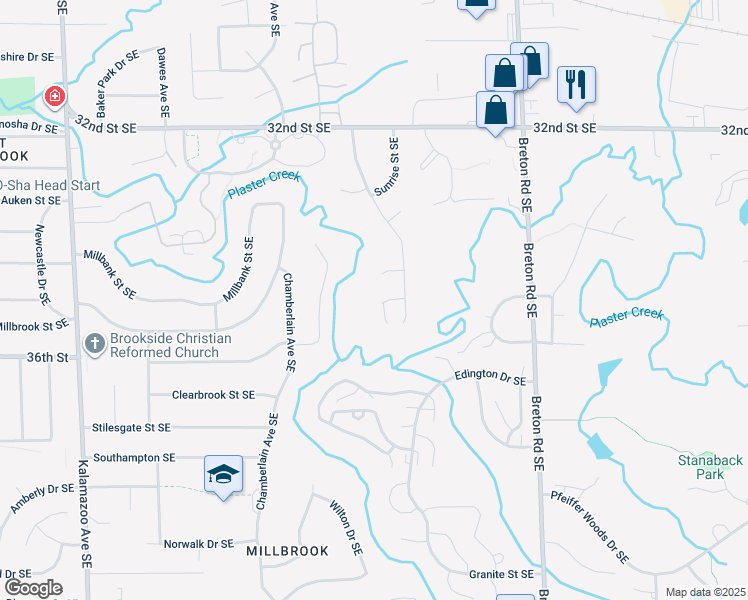 map of restaurants, bars, coffee shops, grocery stores, and more near 2129 Trail Ridge Court Southeast in Grand Rapids