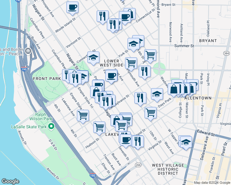 map of restaurants, bars, coffee shops, grocery stores, and more near 102 Fargo Avenue in Buffalo