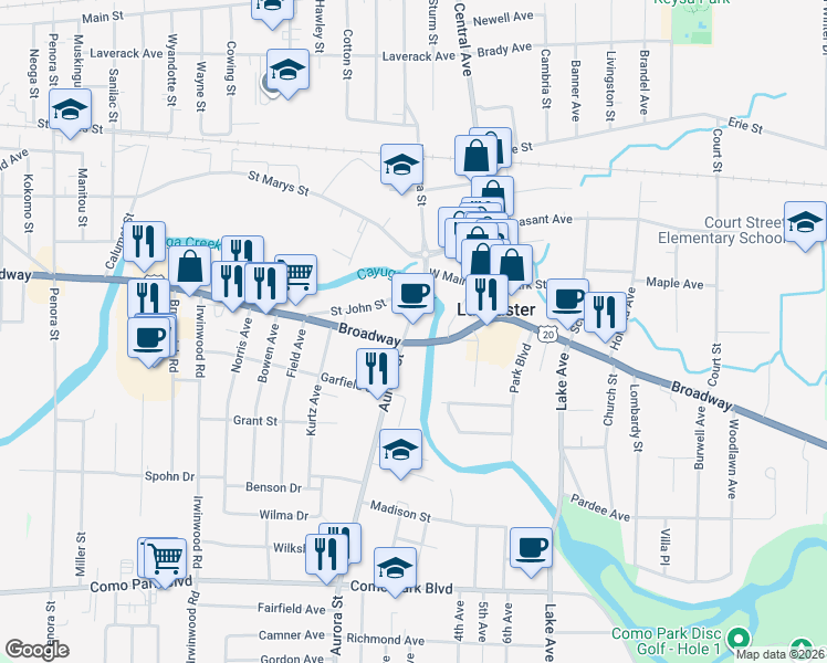 map of restaurants, bars, coffee shops, grocery stores, and more near 42 Aurora Street in Lancaster