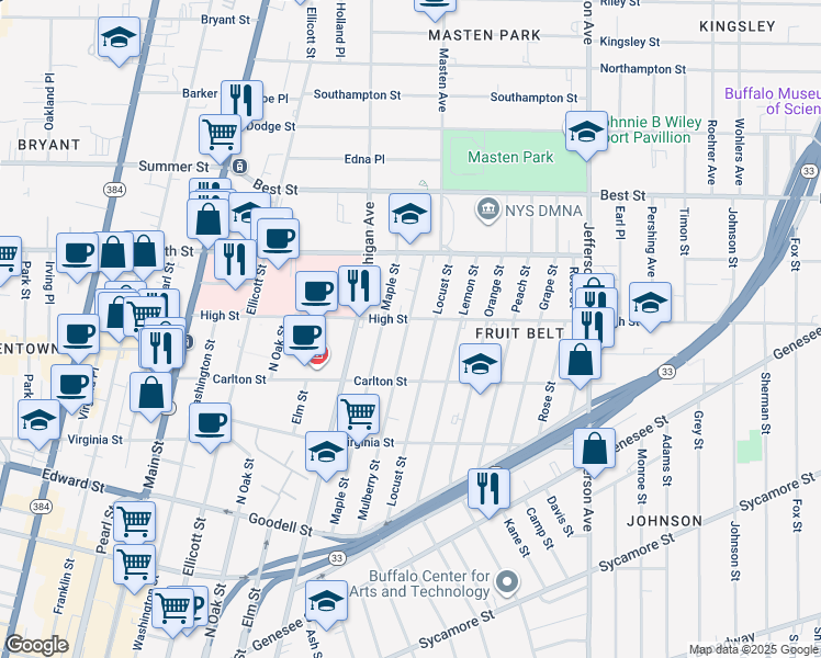 map of restaurants, bars, coffee shops, grocery stores, and more near 243 Mulberry Street in Buffalo