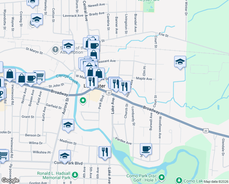 map of restaurants, bars, coffee shops, grocery stores, and more near 5470 Broadway in Lancaster
