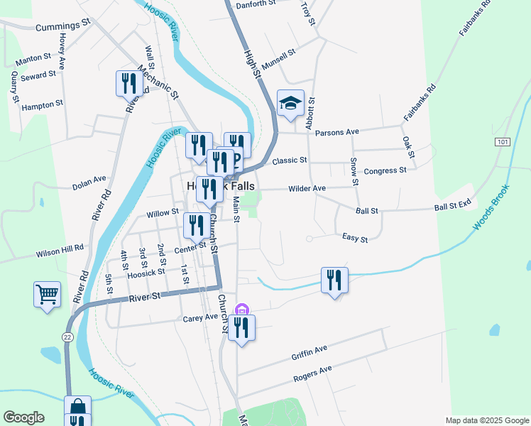 map of restaurants, bars, coffee shops, grocery stores, and more near 1 Wood Court in Hoosick Falls