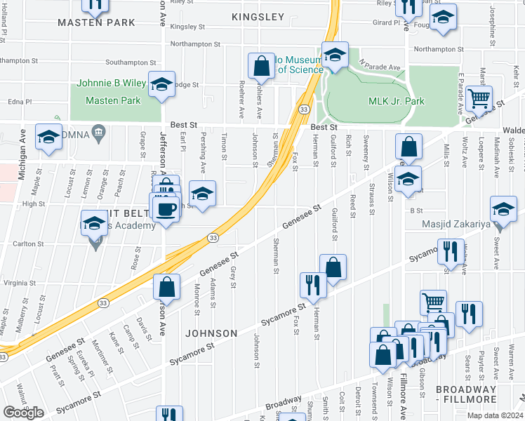 map of restaurants, bars, coffee shops, grocery stores, and more near 571 High Street in Buffalo