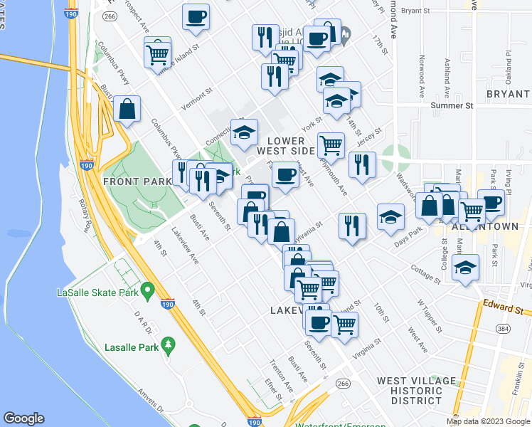 map of restaurants, bars, coffee shops, grocery stores, and more near 454 Prospect Avenue in Buffalo
