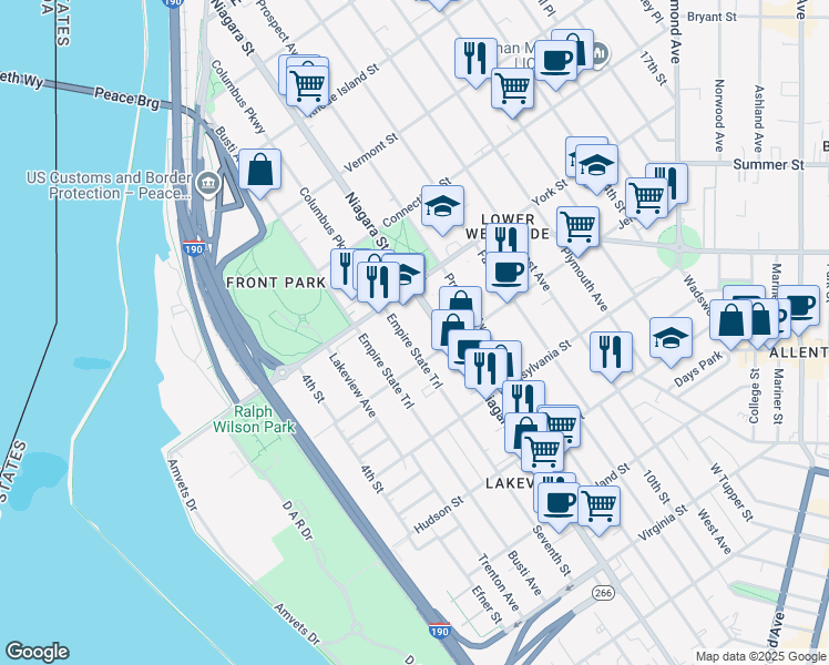 map of restaurants, bars, coffee shops, grocery stores, and more near 567 7th Street in Buffalo