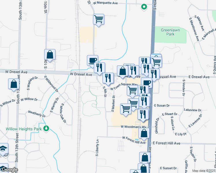 map of restaurants, bars, coffee shops, grocery stores, and more near 7969 South Main Street in Oak Creek