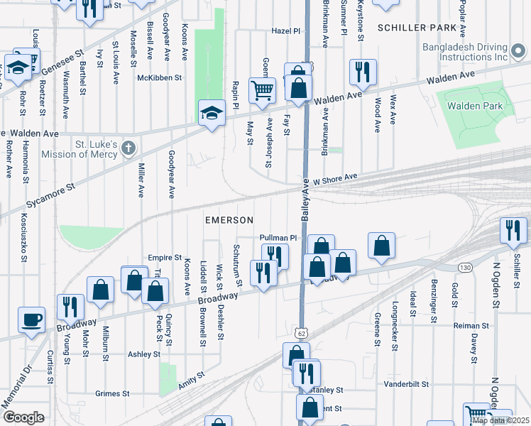 map of restaurants, bars, coffee shops, grocery stores, and more near 118 Shepard St in Buffalo
