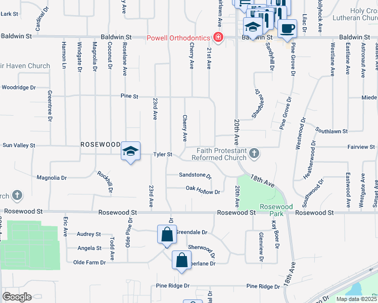 map of restaurants, bars, coffee shops, grocery stores, and more near 2168 Pine Aire Street Southwest in Jenison