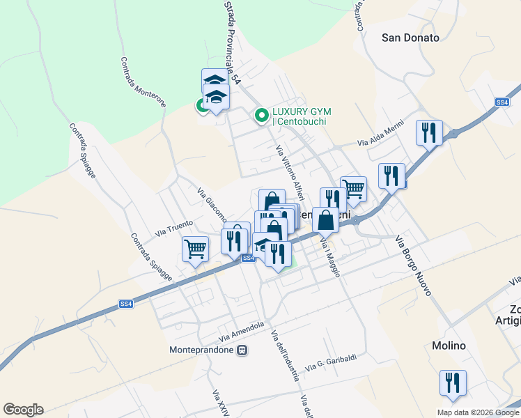 map of restaurants, bars, coffee shops, grocery stores, and more near 45 Via Ugo Foscolo in Centobuchi