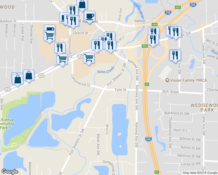 map of restaurants, bars, coffee shops, grocery stores, and more near 175 Tyler Street in Grandville