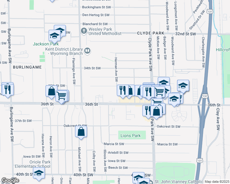 map of restaurants, bars, coffee shops, grocery stores, and more near 3523 Herman Avenue Southwest in Wyoming