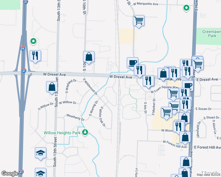 map of restaurants, bars, coffee shops, grocery stores, and more near 8020 South Wildwood Drive in Oak Creek