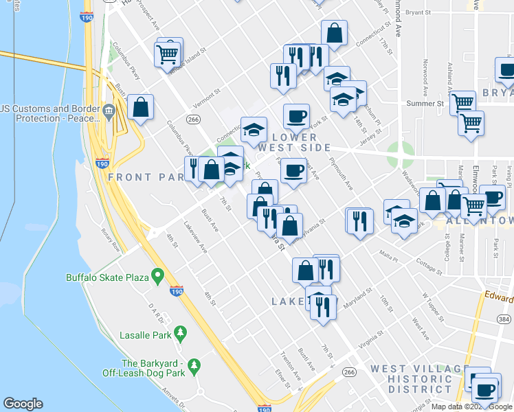 map of restaurants, bars, coffee shops, grocery stores, and more near 591 New York 266 in Buffalo