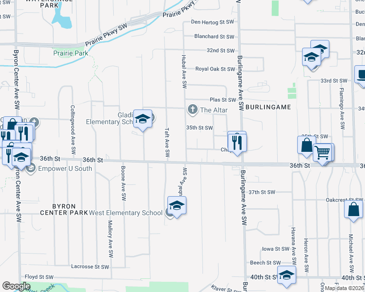 map of restaurants, bars, coffee shops, grocery stores, and more near 3519 Hubal Avenue Southwest in Wyoming