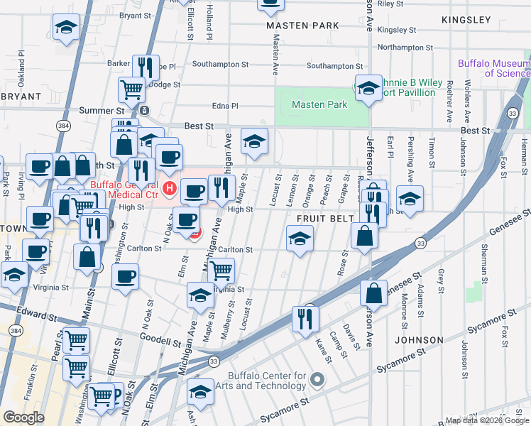 map of restaurants, bars, coffee shops, grocery stores, and more near 243 Mulberry Street in Buffalo