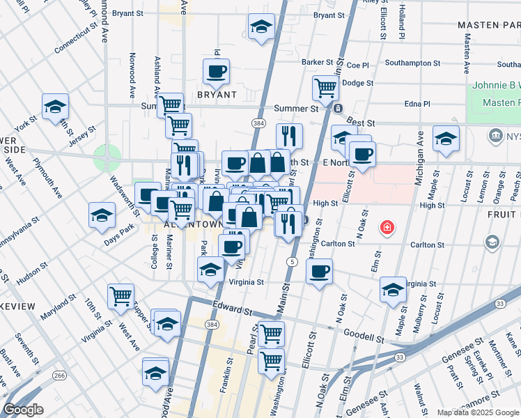 map of restaurants, bars, coffee shops, grocery stores, and more near 589 Delaware Avenue in Buffalo
