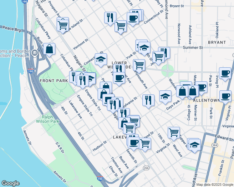 map of restaurants, bars, coffee shops, grocery stores, and more near 454 Prospect Avenue in Buffalo
