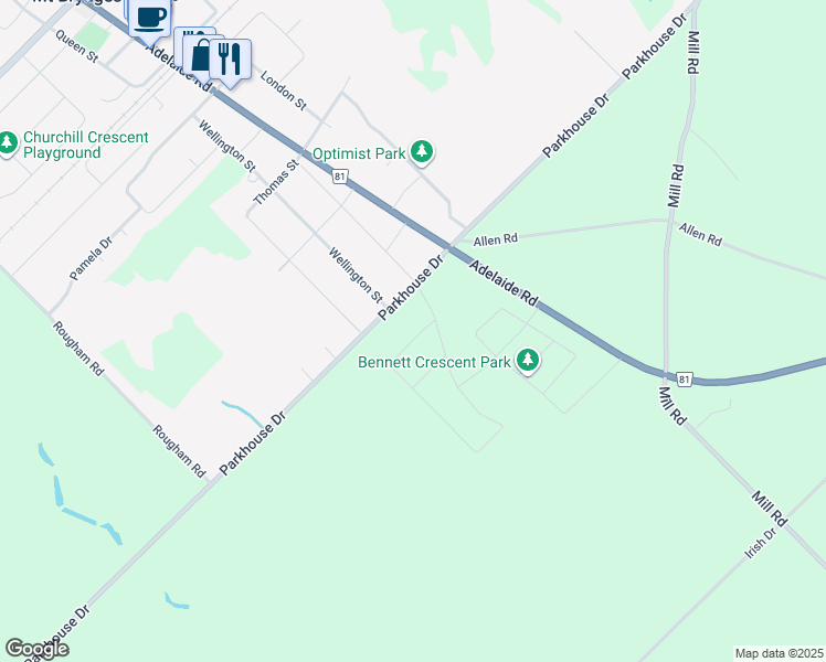 map of restaurants, bars, coffee shops, grocery stores, and more near 8655 Parkhouse Drive in Mount Brydges