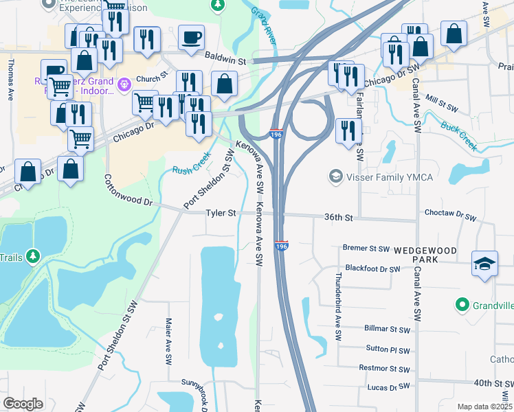 map of restaurants, bars, coffee shops, grocery stores, and more near 3590 Kenowa Avenue Southwest in Grandville