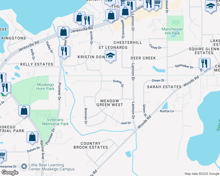 map of restaurants, bars, coffee shops, grocery stores, and more near S79W17434 Alan Drive in Muskego