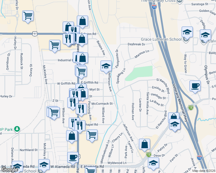 map of restaurants, bars, coffee shops, grocery stores, and more near 1344 Willard Avenue in Pocatello