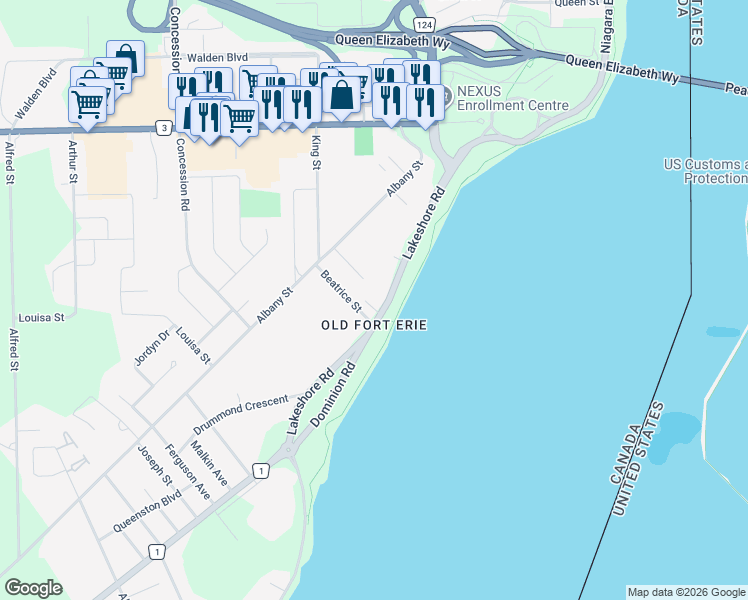 map of restaurants, bars, coffee shops, grocery stores, and more near 174 Lakeshore Road in Fort Erie