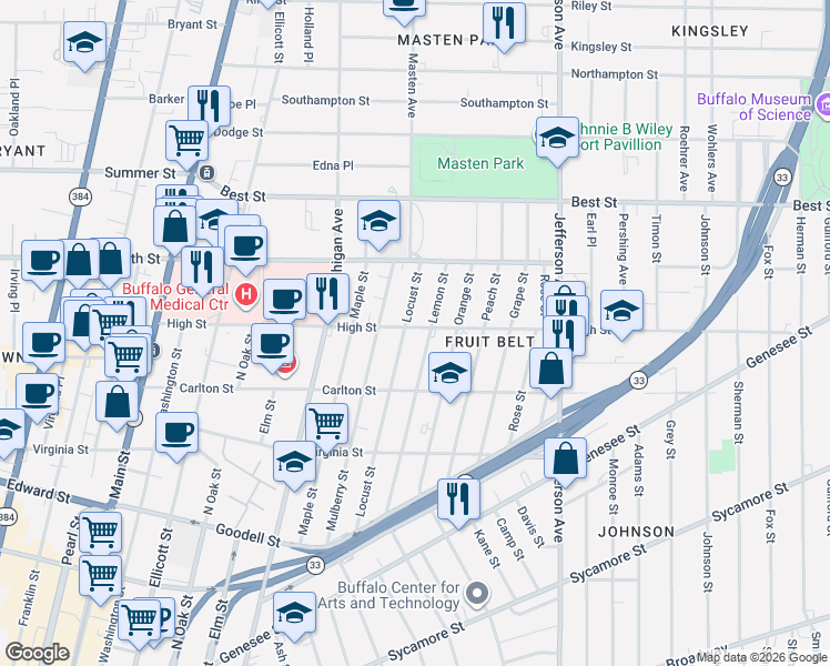 map of restaurants, bars, coffee shops, grocery stores, and more near 255 High Street in Buffalo