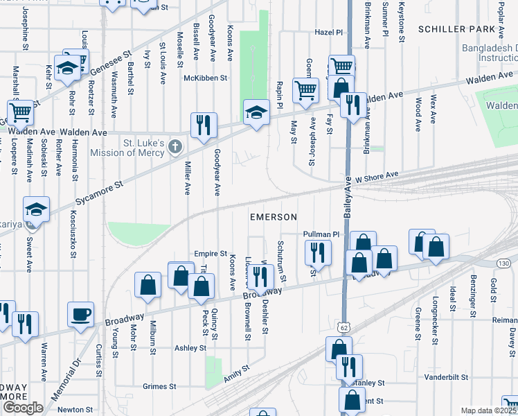 map of restaurants, bars, coffee shops, grocery stores, and more near 138 Wick Street in Buffalo