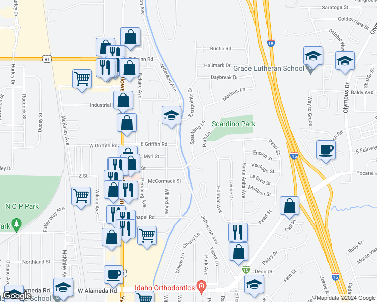 map of restaurants, bars, coffee shops, grocery stores, and more near 1365 Spaulding Lane in Pocatello