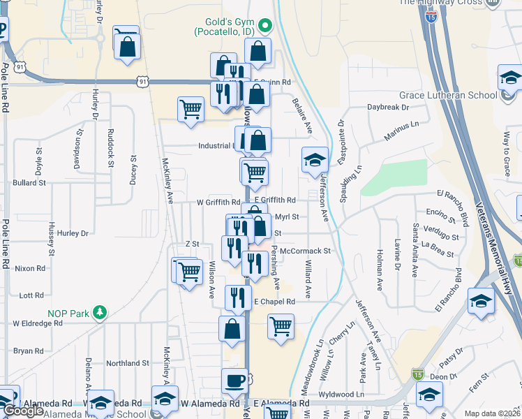 map of restaurants, bars, coffee shops, grocery stores, and more near 1355 Pershing Avenue in Pocatello