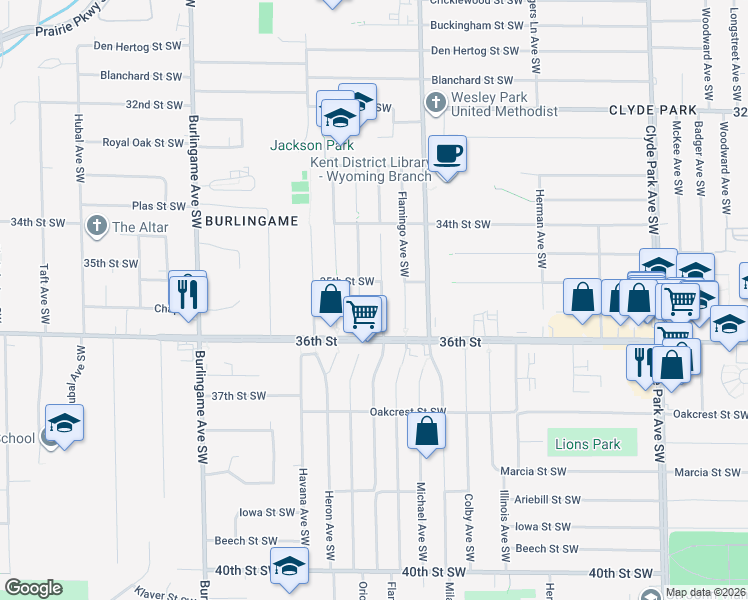 map of restaurants, bars, coffee shops, grocery stores, and more near 3523 Raven Avenue Southwest in Wyoming