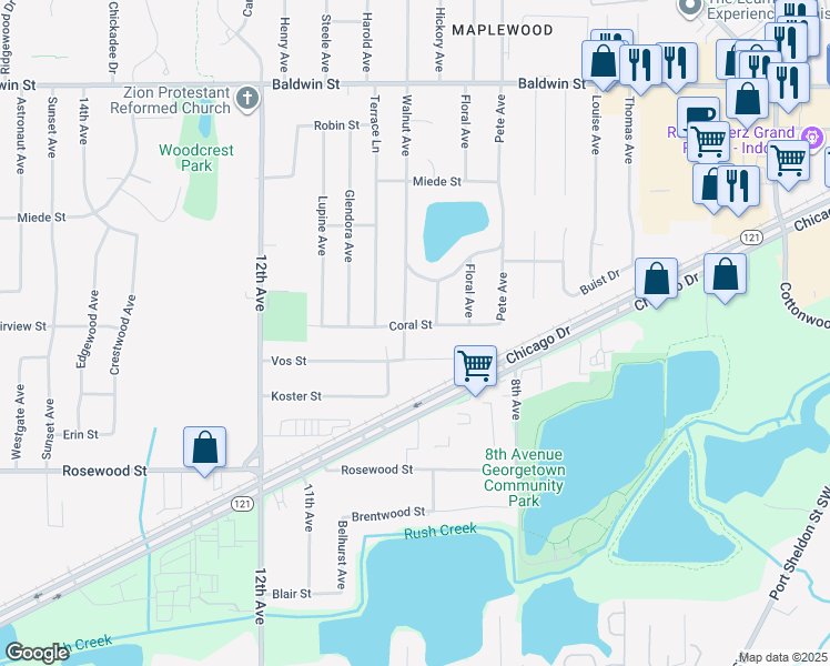 map of restaurants, bars, coffee shops, grocery stores, and more near 970 Coral Street in Georgetown Township
