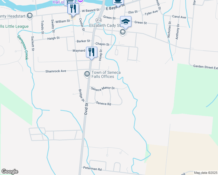 map of restaurants, bars, coffee shops, grocery stores, and more near Seneca Manor Drive & Seneca Place in Seneca Falls
