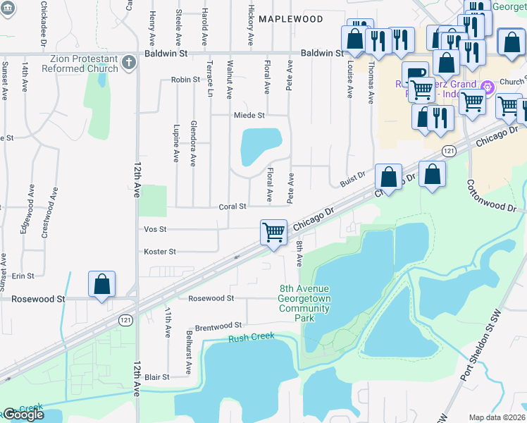 map of restaurants, bars, coffee shops, grocery stores, and more near 902 Coral Street in Georgetown Township