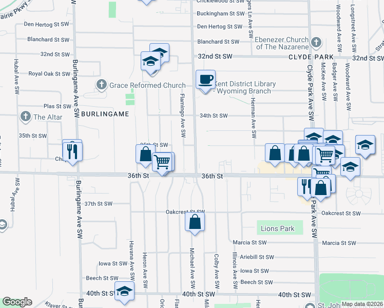 map of restaurants, bars, coffee shops, grocery stores, and more near 3531 Michael Avenue Southwest in Wyoming