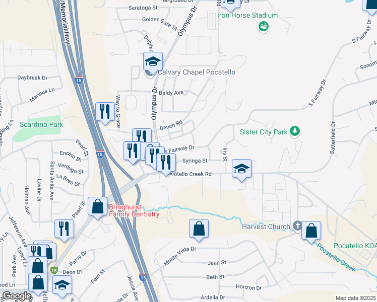 map of restaurants, bars, coffee shops, grocery stores, and more near 1722 South Fairway Drive in Pocatello