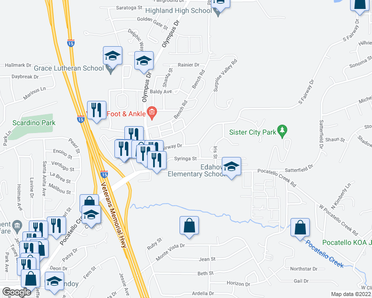map of restaurants, bars, coffee shops, grocery stores, and more near 1742 South Fairway Drive in Pocatello