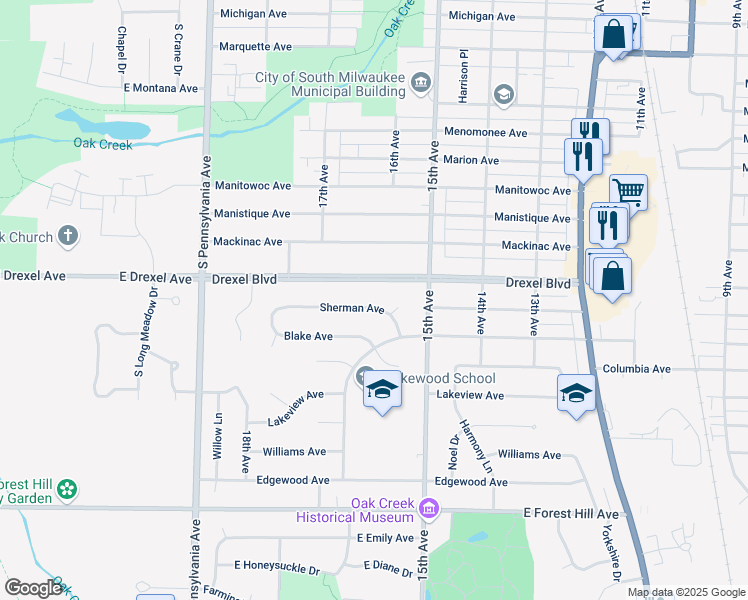 map of restaurants, bars, coffee shops, grocery stores, and more near 1612 Sherman Avenue in South Milwaukee
