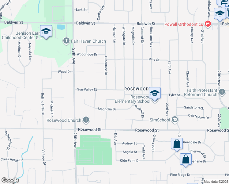 map of restaurants, bars, coffee shops, grocery stores, and more near 2584 Sun Valley Street in Georgetown Township