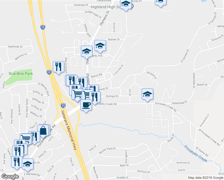 map of restaurants, bars, coffee shops, grocery stores, and more near 1740 South Fairway Drive in Pocatello